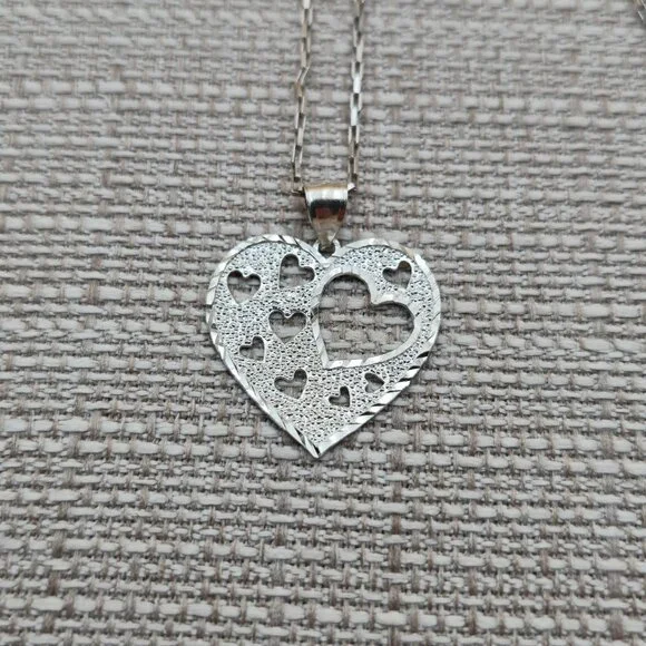 24 Inch Sterling Silver Large Textured Unique Heart Necklace A5946 - Picture 3 of 8
